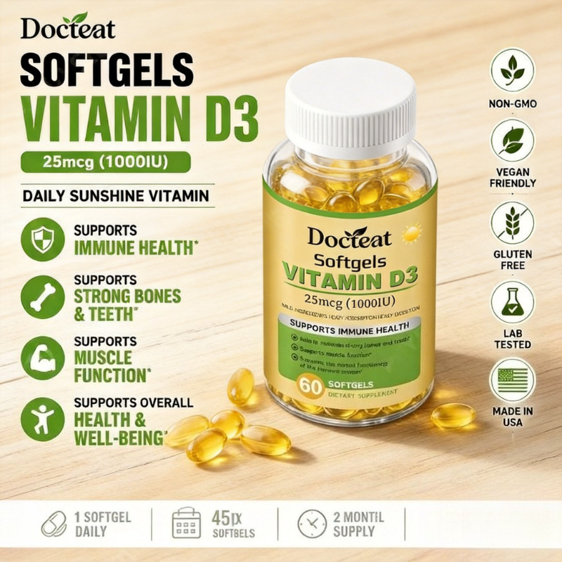 Docteat ビタミン D3 ソフトジェル 25mcg (1000 IU) 60 ソフトジェル 免疫力の健康をサポート 骨と歯 消化を促進し健康を維持