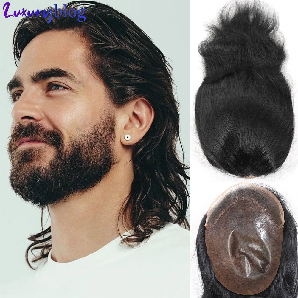 12 インチロングメンズヘアプロテーゼレースフロントかつら男性のための人毛 PU 男性かつらシステムナチュラルブラックグレーかつら