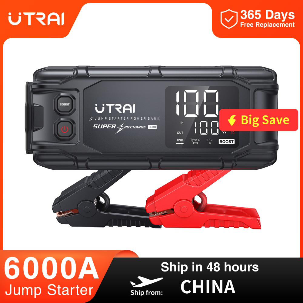UTRAI 26800mAh 6000A 車のジャンプスターター強力なポータブル電源銀行 PD45W 急速充電 6.0 "LED スクリーン緊急起動装置