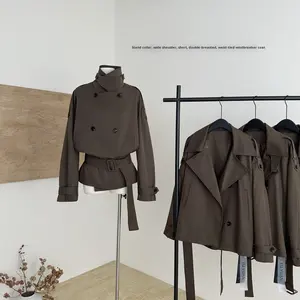 レディース フレンチスタイル 秋用 レトロ 立ち襟 ワイドショルダー ショート丈 ダブルブレスト ウエスト紐付き ウール裏地付き トレンチコート