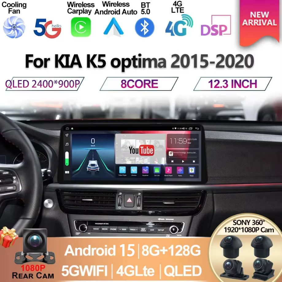 2400*900P アンドロイド 15 起亜 K5 オプティマ 2015-2020 WIFI Carpaly 12.3 インチ 4G LTE BT カーラジオプレーヤーナビゲーション GPS ラジオマルチメディア