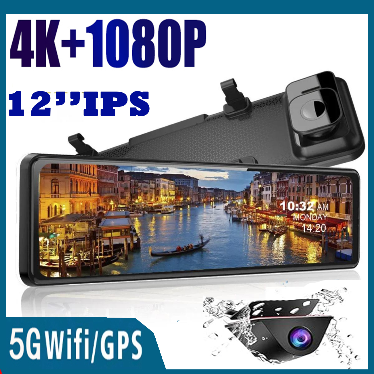 12インチ 4Kミラーダッシュカムバックアップカメラ、2160PフルHD車用スマートバックミラー