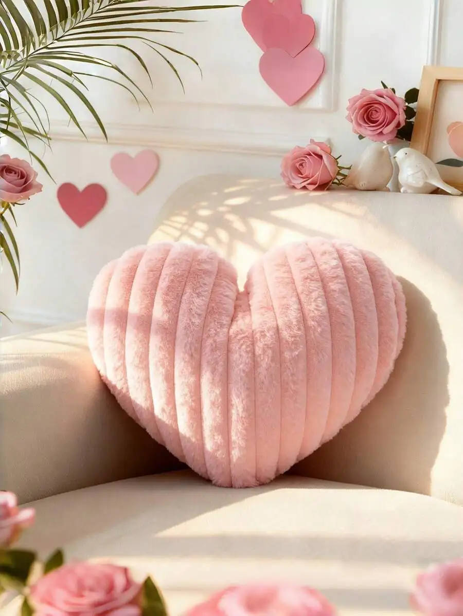 ハート型フェイクファースローピローかわいいピンクふわふわクッションバレンタインデー美的家の装飾