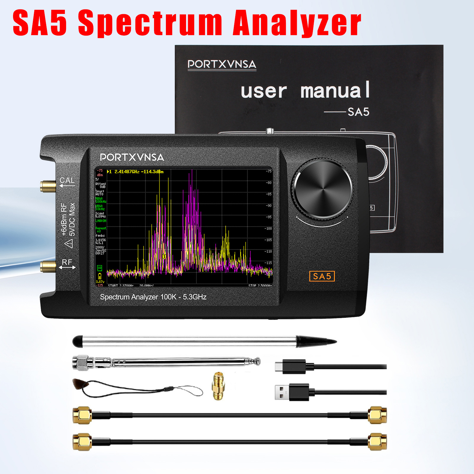 SA5 ハンドヘルドスペクトラムアナライザ 100KHz-5.3GHz、バッテリ付き 4 インチ IPS LCD 信号発生器 PC リンク可能 RF テスト、アマチュア無線用