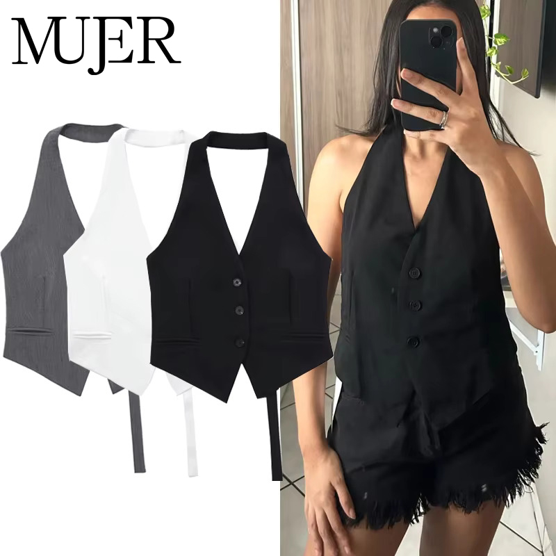 Mujer 黒、白のノースリーブベスト女性オフショルダークロップベスト女性チョッキホルターベストトップ女性ファッションベスト女性