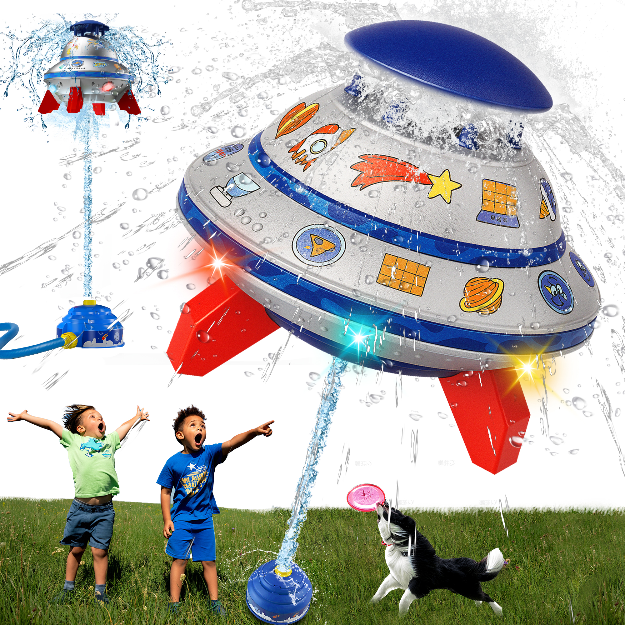 子供用水スプリンクラー ライト付き 360°回転 UFO 水ロケットスプリンクラーおもちゃ 屋外 夏 水のおもちゃ 裏庭の芝生プール用 男の子 女の子 対象年齢 3 4 5 6 7 8
