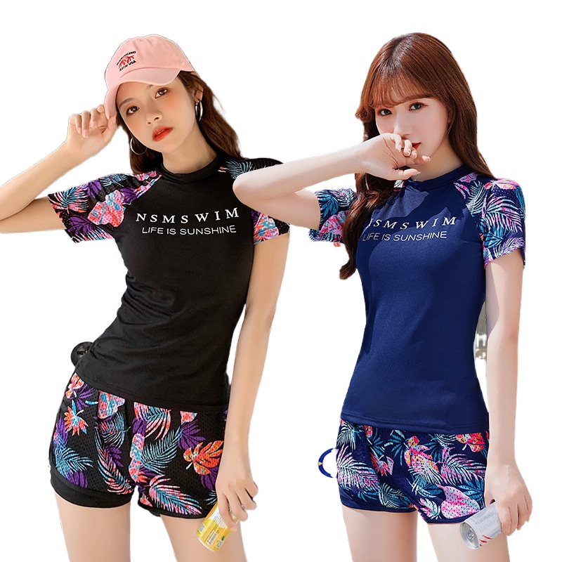 新しい夏プリント弾性フィットネススポーツ女性ハイウエストツーピーススーツトップショーツタンキニ水着水着水着