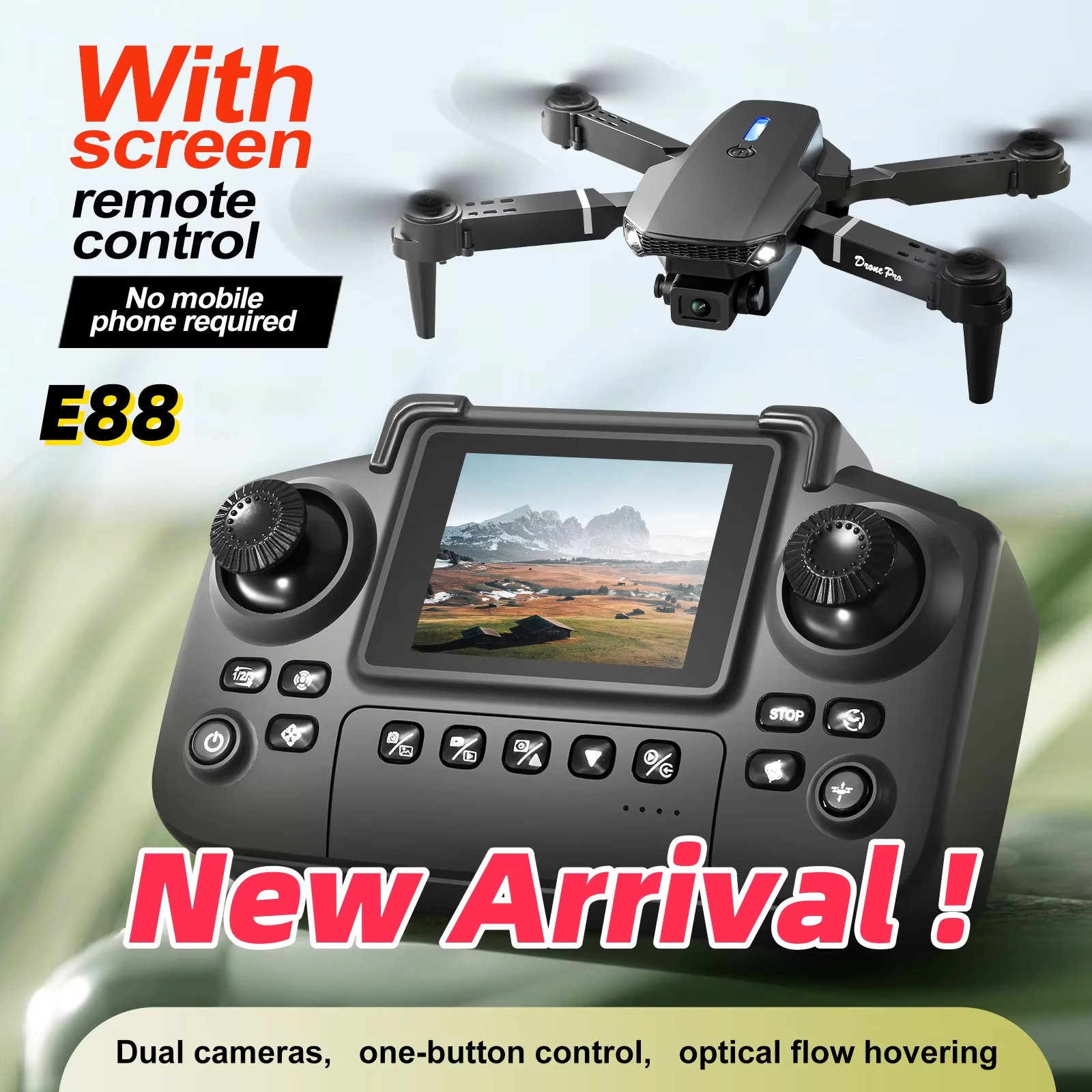 新しいアップグレード E88 ドローンリモコンスクリーンデュアルカメラオプティカルフローローカリゼーション 2.4GRC クアッドコプターワンボタン離陸ドローン