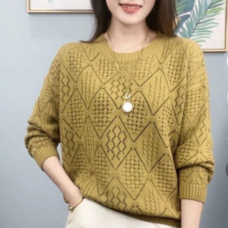 人気の中空ニットセーターレディース春服ファッショナブルな外国人緩くて薄い万能長袖トッププルオーバー