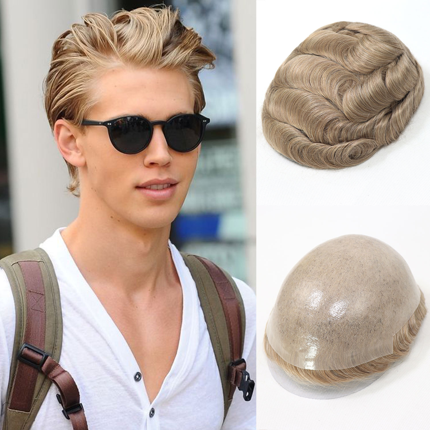 #22R Single Knot Full PU Men Toupee Human Hair 8x10" Invisible Hair Piece Male Wig Men‘s Capillary Prosthesis Hair Replacement