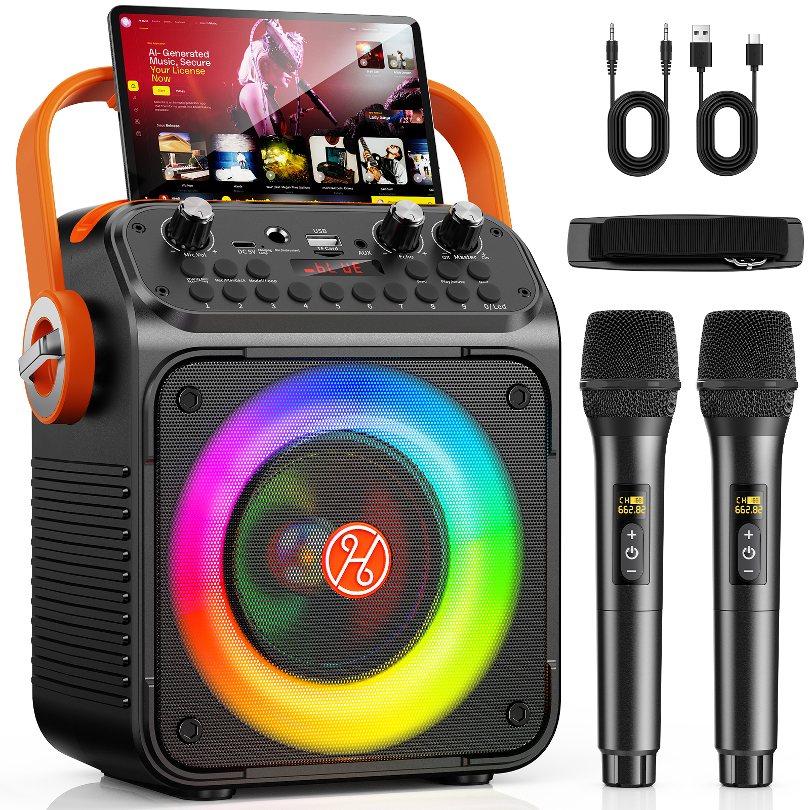 T35 ハイパワーカラオケ Bluetooth スピーカー音楽リズムライト 360 度ステレオサラウンドワイヤレスサブウーファーデュアルマイク付き