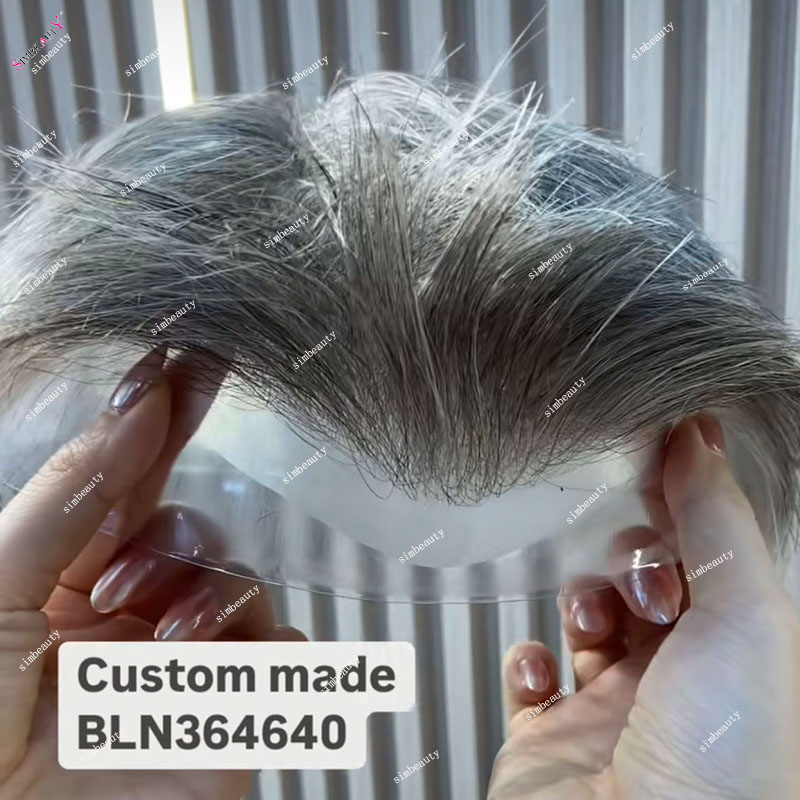 超薄皮 0.02 ミリメートル目に見えないナチュラルヘアライン 80% 密度男性かつら 1B80 1B65 グレー黒 100% 人毛補綴毛細管