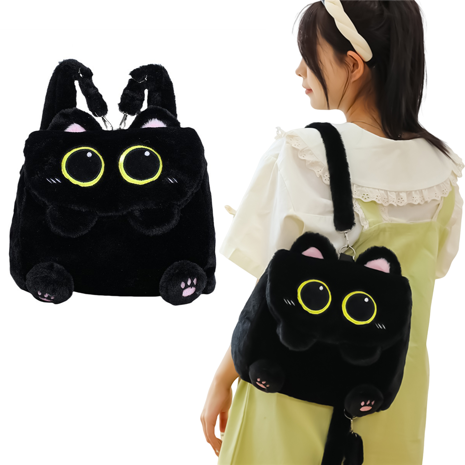 黒猫ぬいぐるみバックパック女の子用かわいい子猫デザイン大容量軽量スクールバッグ学生旅行日常使用