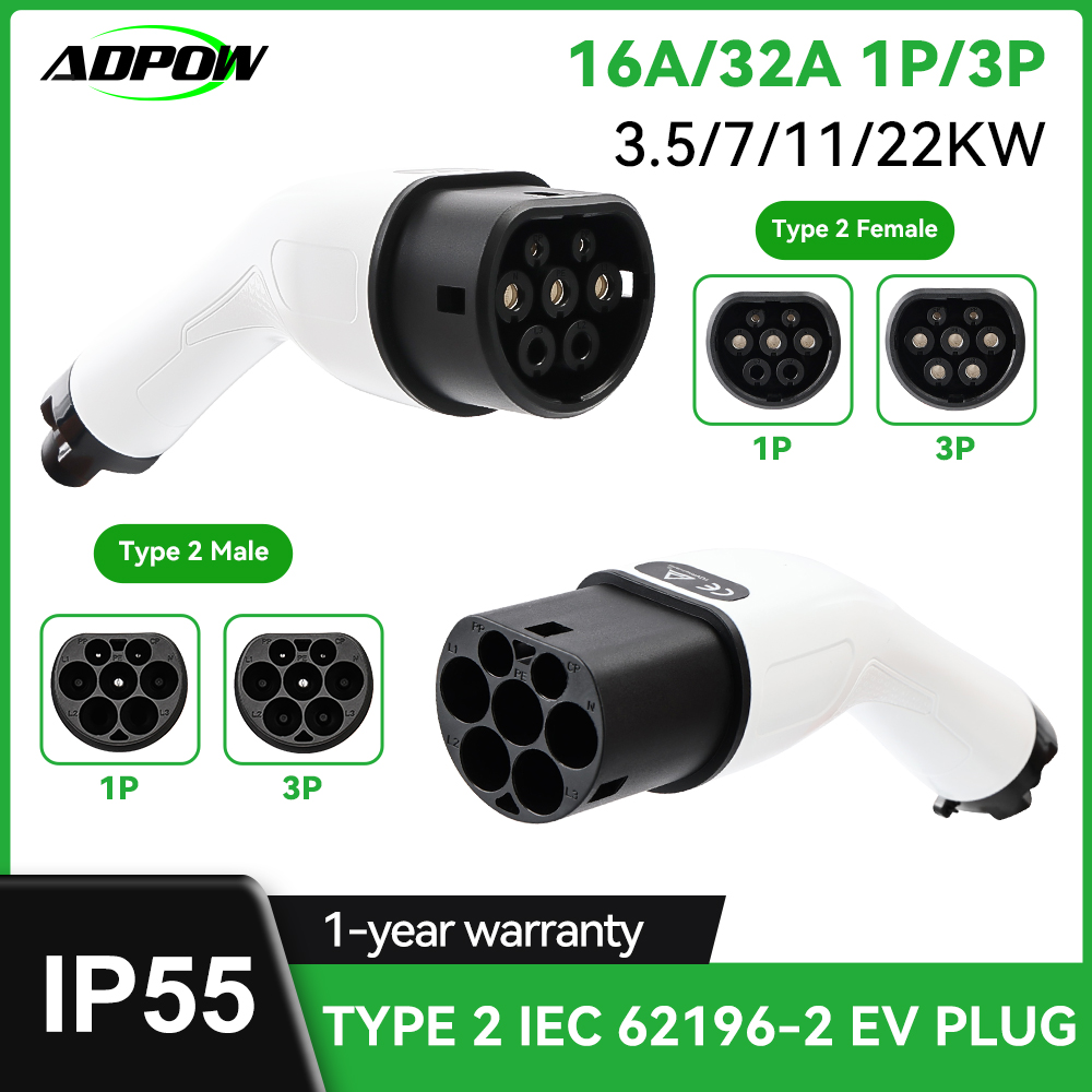 ADPOW Type2 EV 充電器メス/オスプラグ 16A/32A 電気自動車充電プラグ 3.5kw/7kw/11kw/22kw EV 充電器プラグ