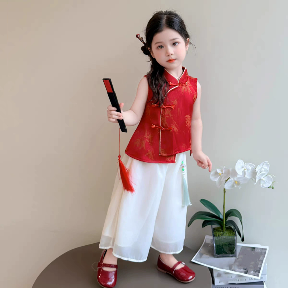 トップス パンツ 2 点セット子供カジュアル中国女の子韓服スーツ衣装女の子セット子供服ファッションベビー服夏