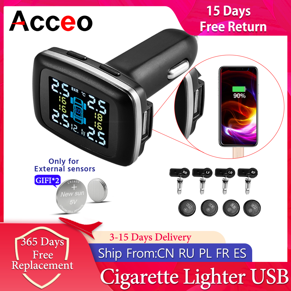 ACCEO スマートシガーライター USB TPMS 車のタイヤ空気圧警報モニターシステム 4 センサーディスプレイタイヤ空気圧温度警報