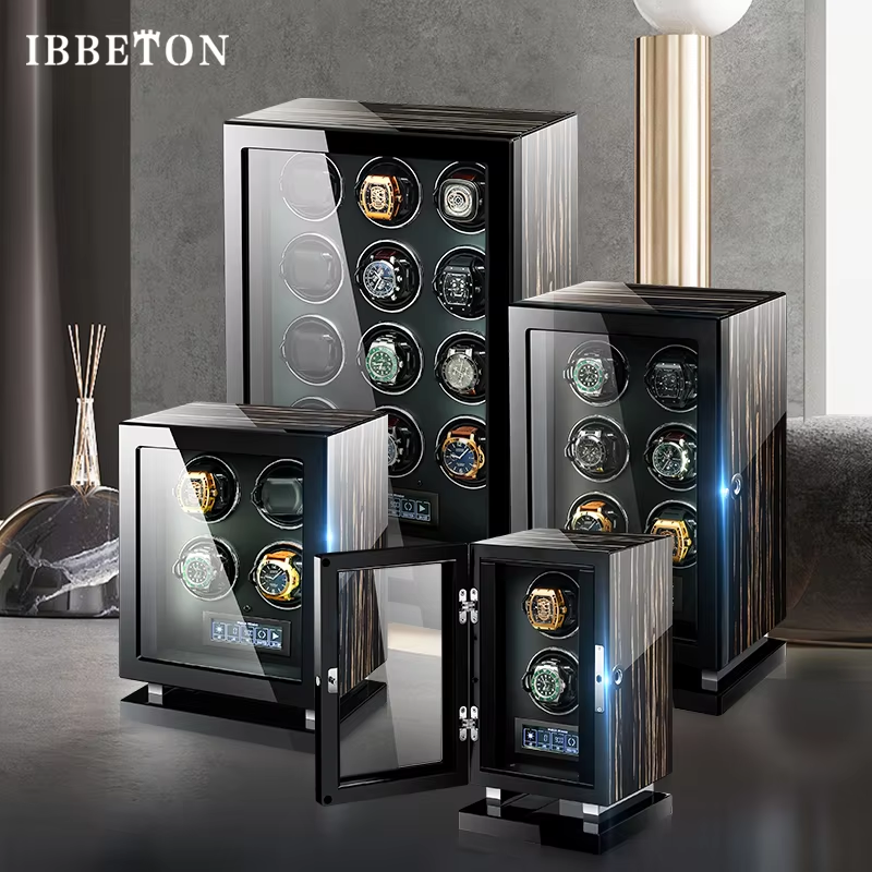 IBBETON 高品質指紋日本モーター LED ウォッチワインダー木製ジャイロウォッチワインダーセキュリティ金庫ウォッチワインダー