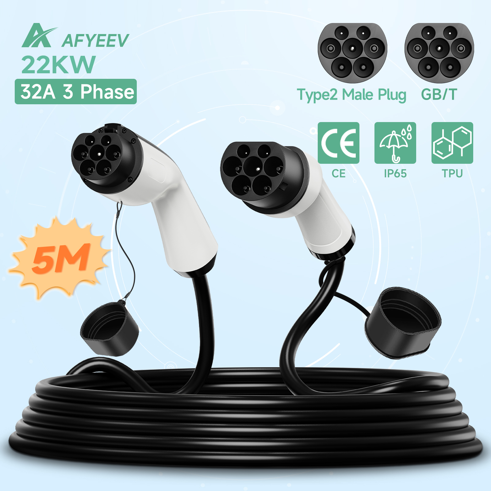 AFYEEV 22KW EV 充電ケーブル GB/T メス車側 to type2 IEC 62196 オスプラグ EVSE 充電ステーション Type2 から GB/T 16A 3 相