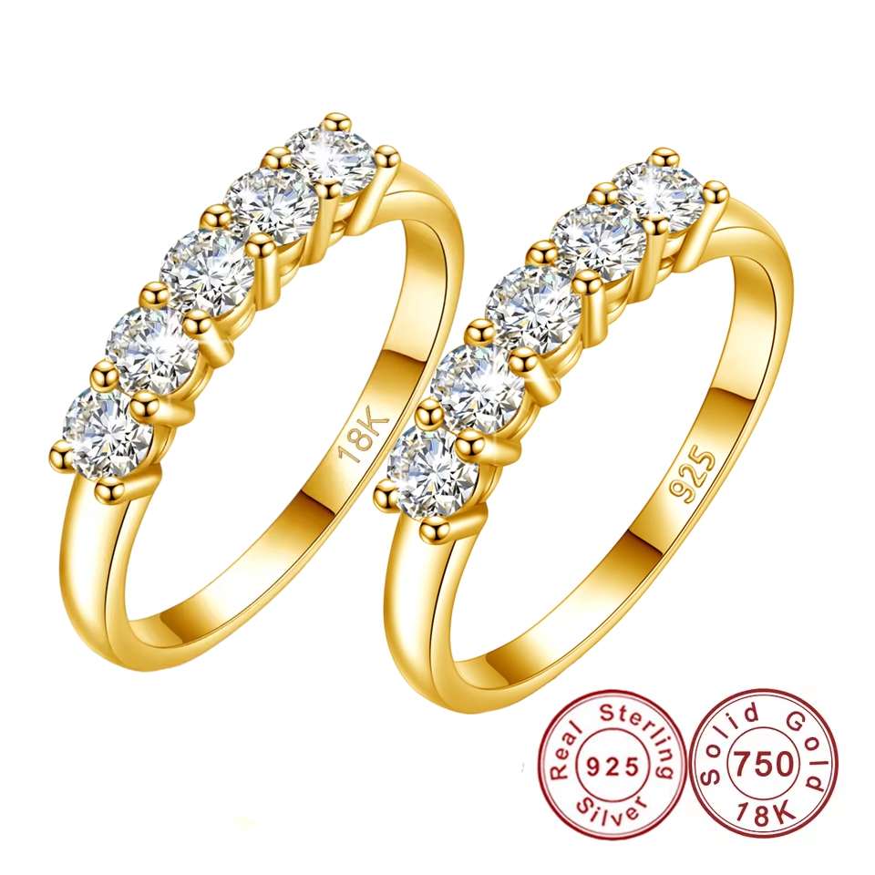 証明書付き ソリッド 18K ゴールド モアッサナイト リング 女性用 または シルバー925 5 ストーン ハーフエタニティ バンド スタンプ付き 婚約ジュエリー