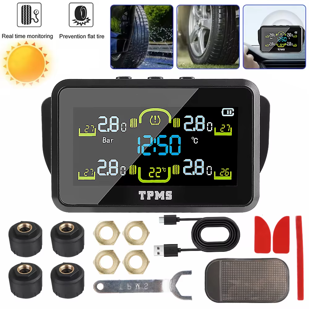 車のタイヤ空気圧監視システムスマートソーラー TPMS 4 センサーセキュリティ警報表示タイヤ空気圧モニター温度警告