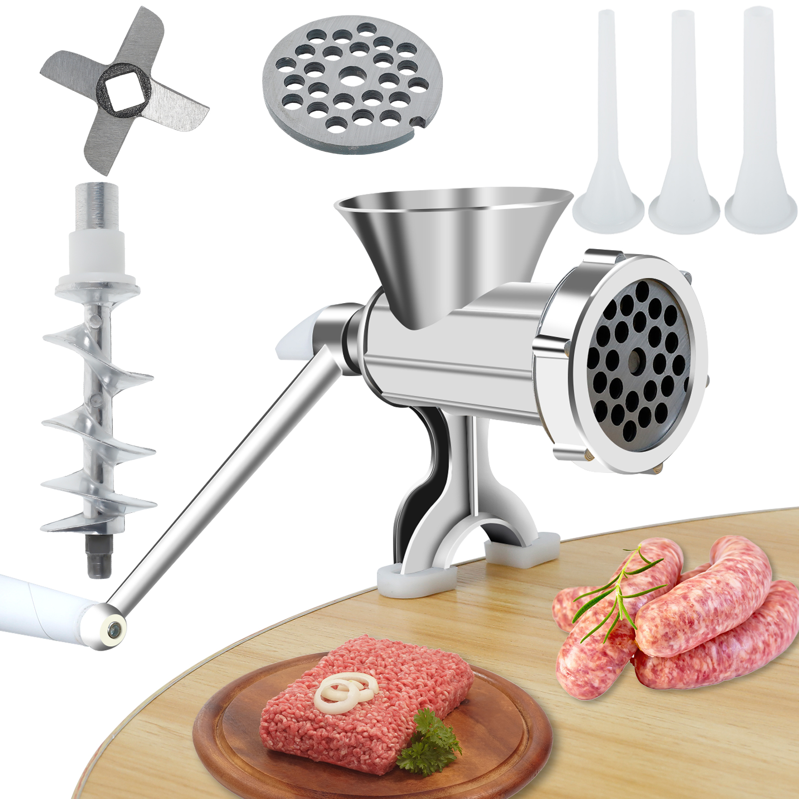 ハンドル付き手動肉グラインダー ミートクランク 防錆肉グラインダー ソーセージメーカー テーブルマウントポークミンサー 3ソーセージメーカー付き