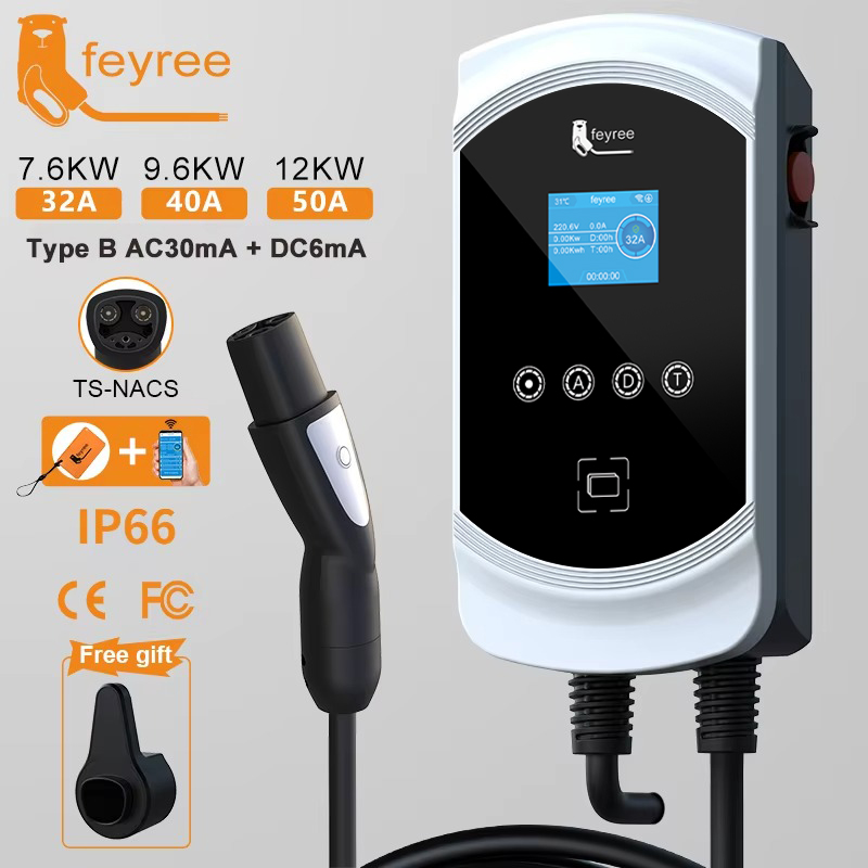 Feyree EV 充電ステーション 32A 7.6KW 電気自動車車の充電器 EVSE ウォールボックス 9.6KW 12KW 5 メートルケーブル TS-NACS ソケット APP 制御