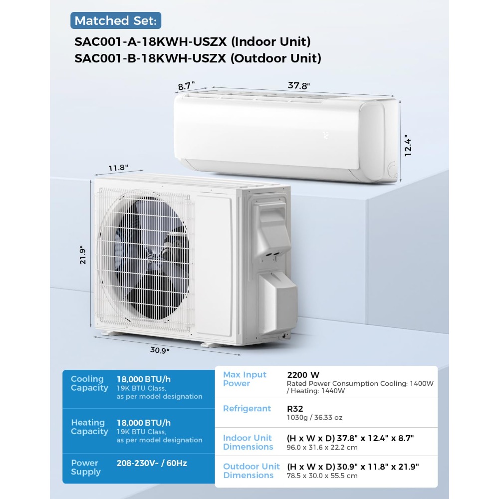 18000 BTU ミニ スプリット AC/暖房システム 20 SEER2 230V カスタマイズされたエアコン、最大 1250 平方フィートの部屋の冷却暖房用