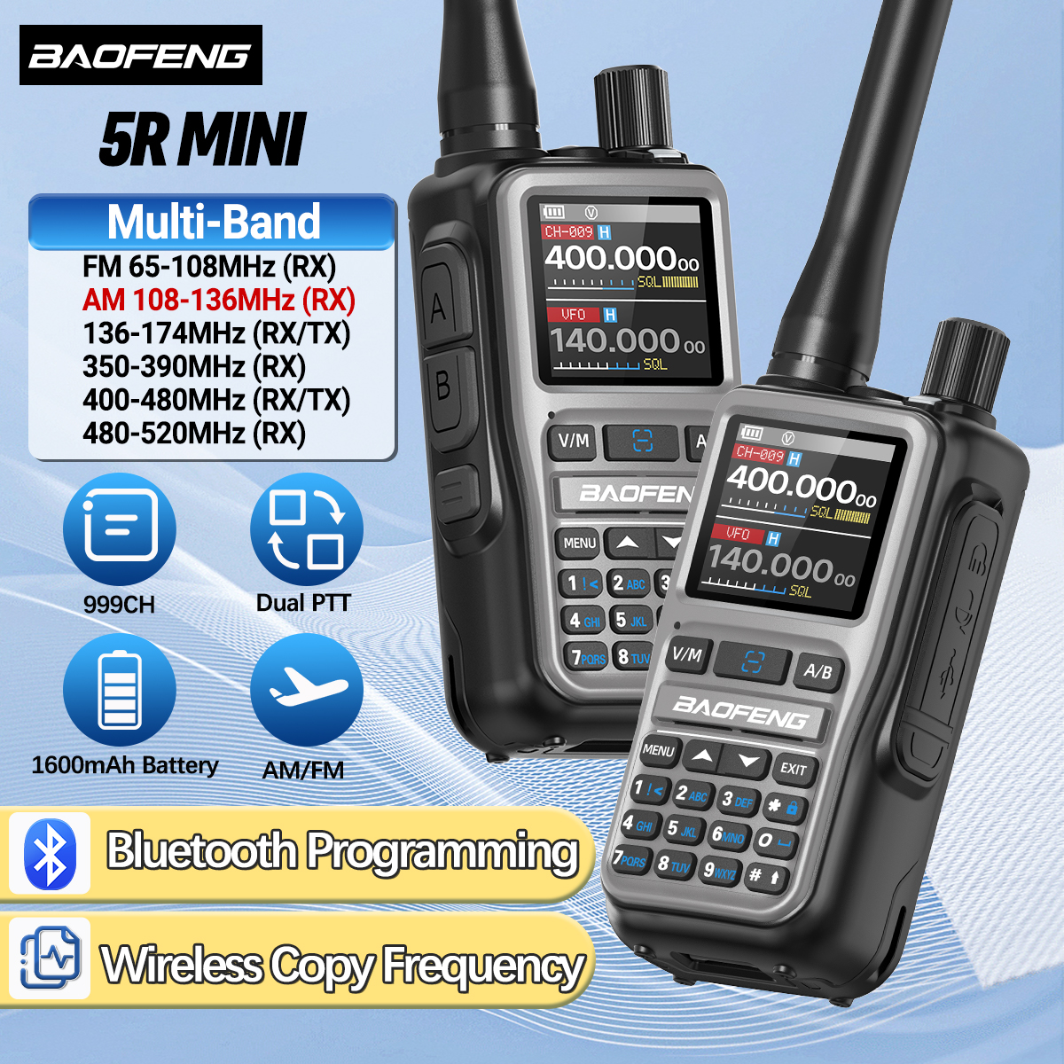 BAOFENG UV-5R ミニトランシーバーマルチバンド Bluetooth プログラミングワイヤレスコピー周波数 999CH AM FM 長距離双方向ラジオ