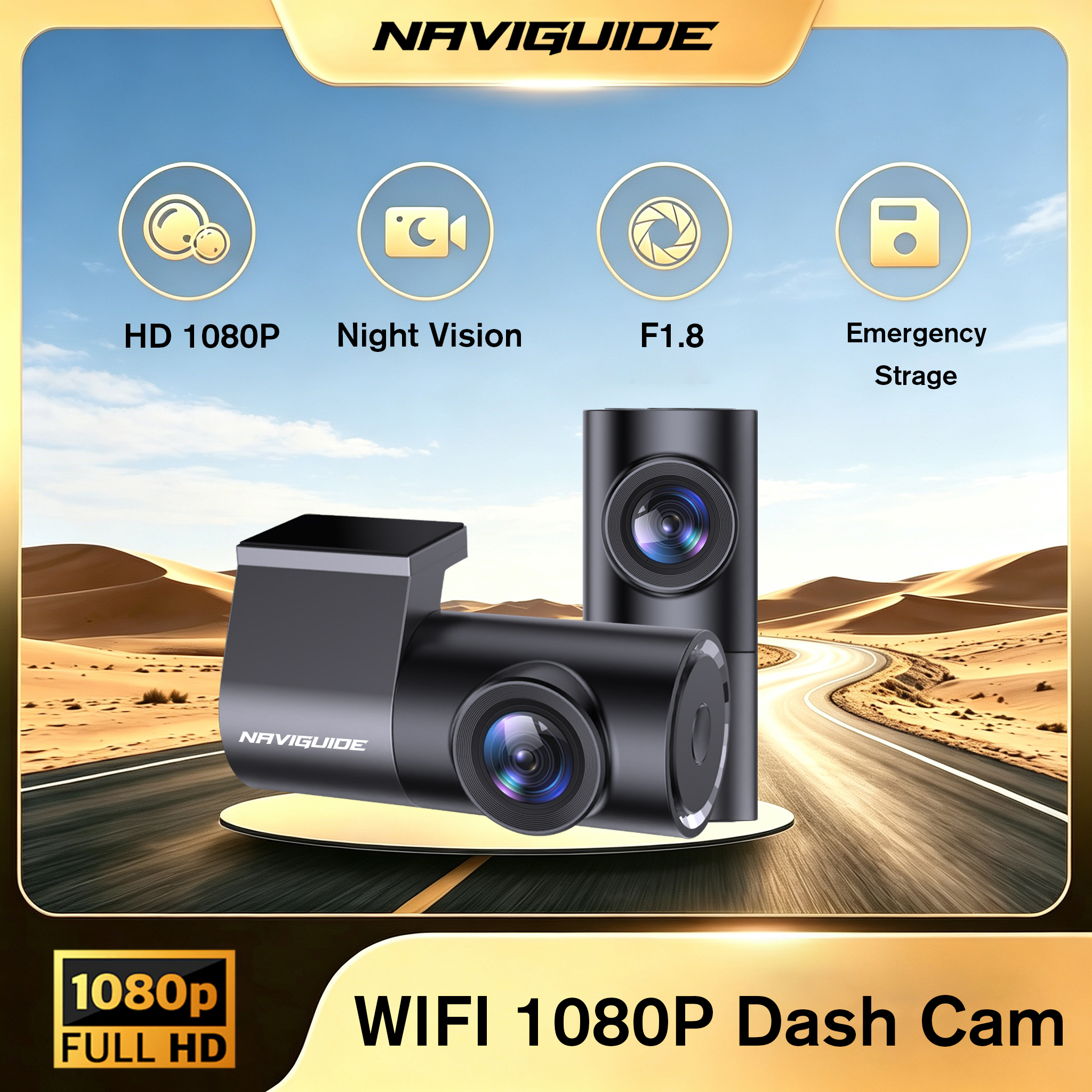 NAVIGUIDE 1080P WiFi 車載カメラ: Wi-Fi 接続を備えたアプリ制御のスマート HD ナイトビジョン DVR フロントフェイス ダッシュ カム