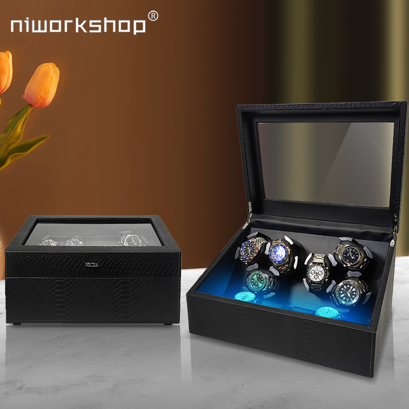 Niworkshop 自動時計ワインダー 1 個、3 3/6 6 スロット時計ボックス、静音モーター付き大容量時計収納ケース、LED ライト
