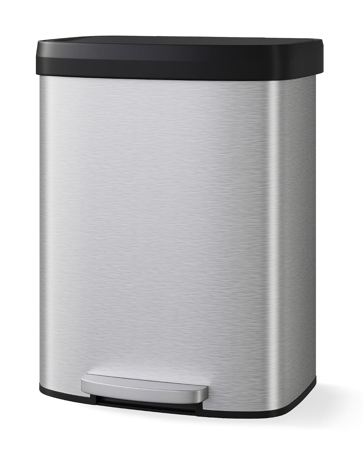 16 ガロン/60L ステンレススチール製ゴミ箱、蓋付き、ステップオンキッチンゴミ箱、防錆金属、ソフトクローズ、ライナーリム、リアハンドル