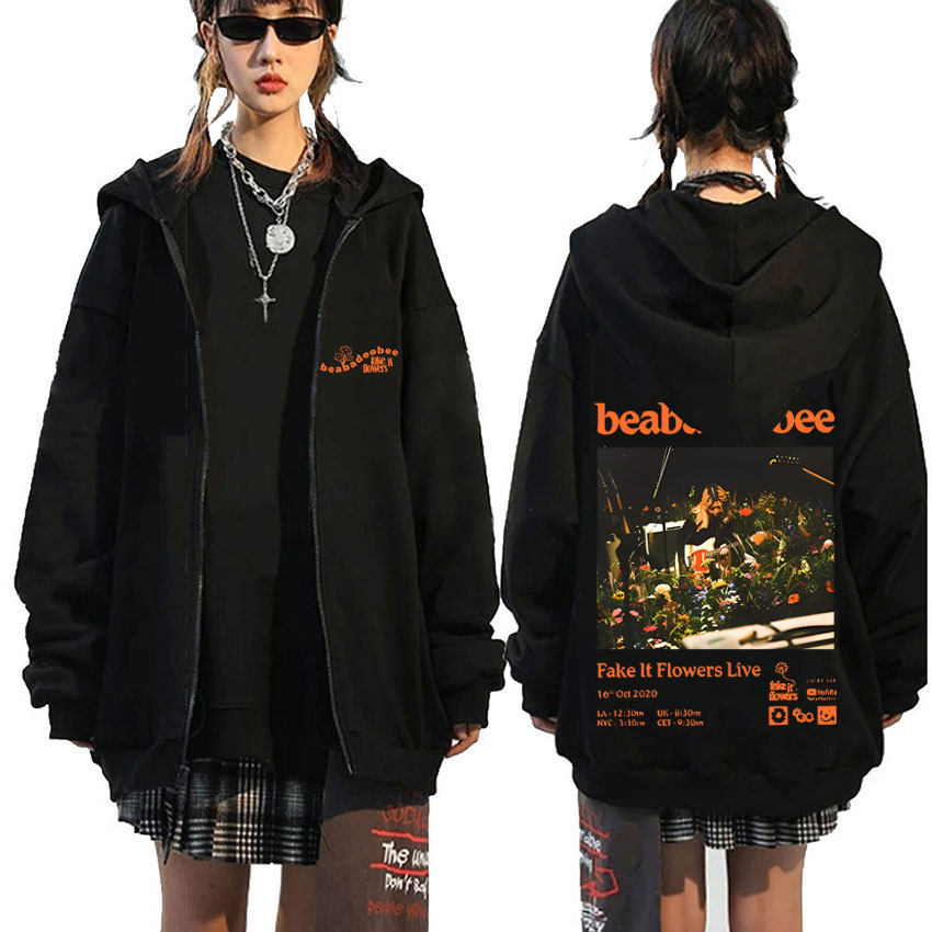 Beabadoobee フェイクイット花ジッパーパーカー男性女性ヒップホップ特大ジップアップジャケットユニセックスファッションアート美的ジップアップパーカー