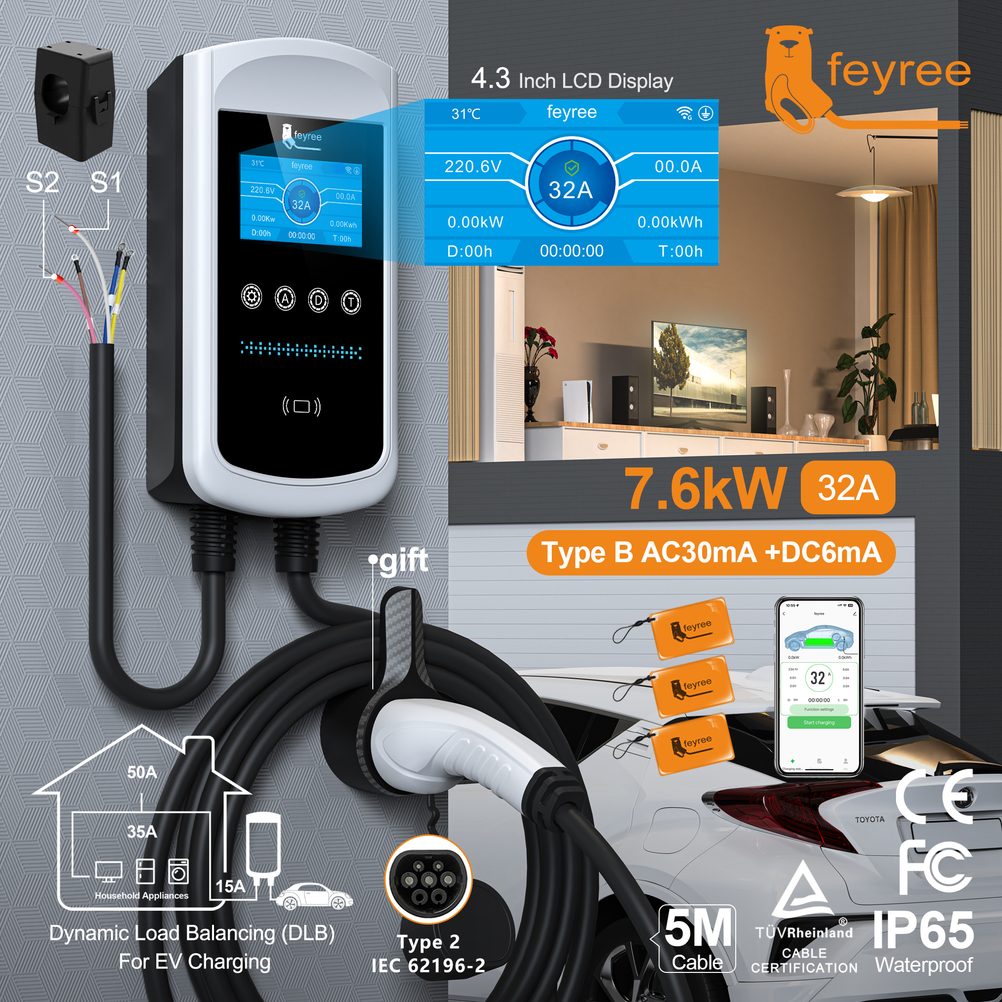 Feyree Type2 EV 充電器 4.3 インチ画面 32A 7.6kW ダイナミックロードバランシング 11kW 22kW 3 相 EVSE ウォールボックス APP 充電履歴付き