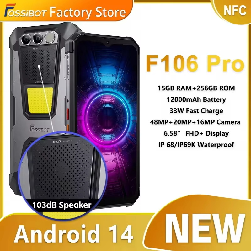 FOSSIBOT F106 PRO MTK G85 4G Android 14 15GB(8 7GB拡張) 256GB ROM頑丈なスマートフォン12000mAhバッテリー48MPカメラNFC