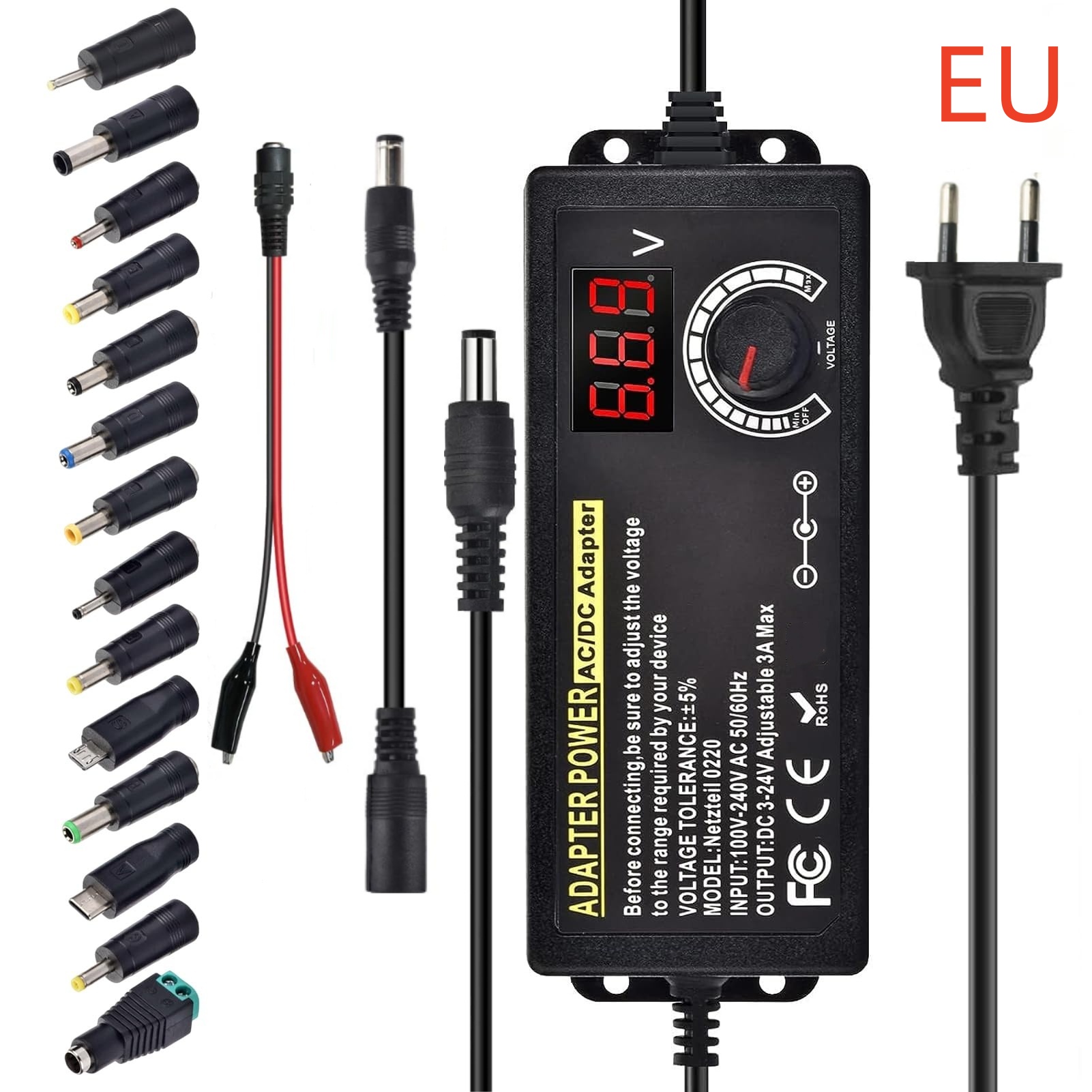 AC から DC 電源調整可能な研究室供給電源 3V-24V-3A ポータブルユニバーサルアダプタ EU/米国プラグワニ口クリップ