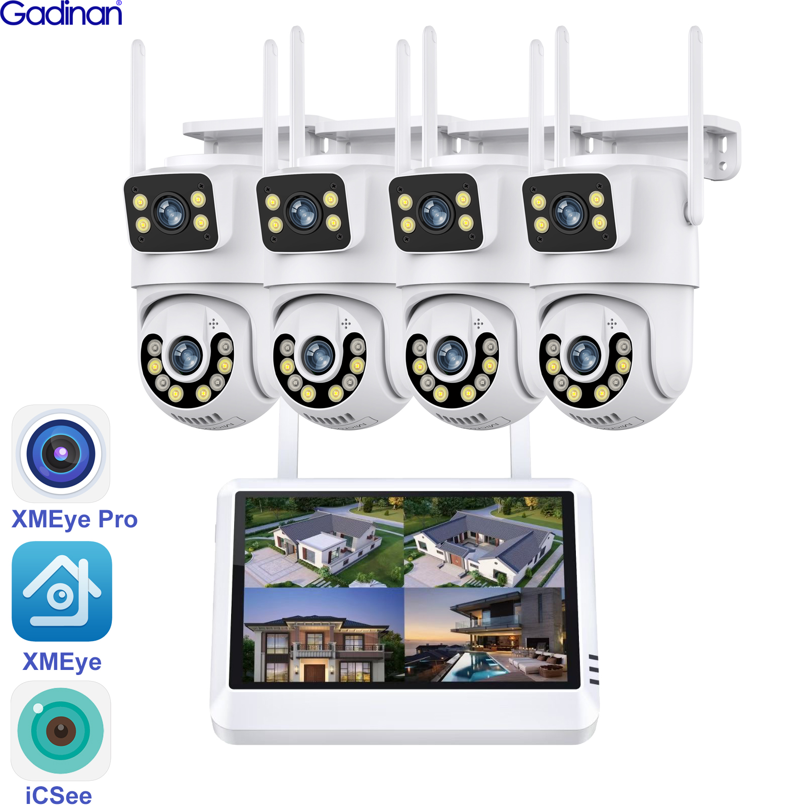 Gadinan Wireless Security Camera System 4K 8MP Dual Lens WIFI IP 8CH NVR 7-inch LCD Display Screen Video Recorder CCTV Home Kit