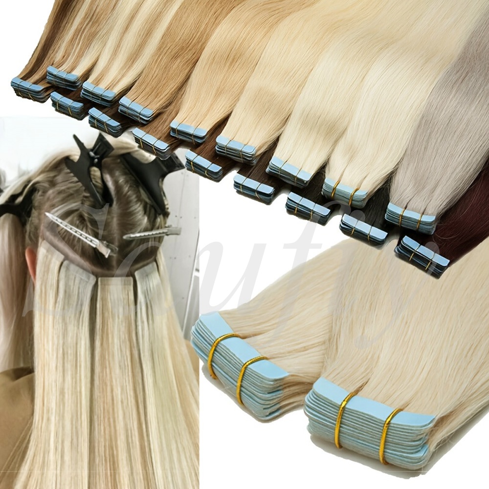 ブロンドテープインヘアエクステンション人毛20本/パックストレートナチュラルブラックブロンドブラウンテープインヘアエクステンション12-20インチシームレス両面スキン横糸テープインヘア用女性用
