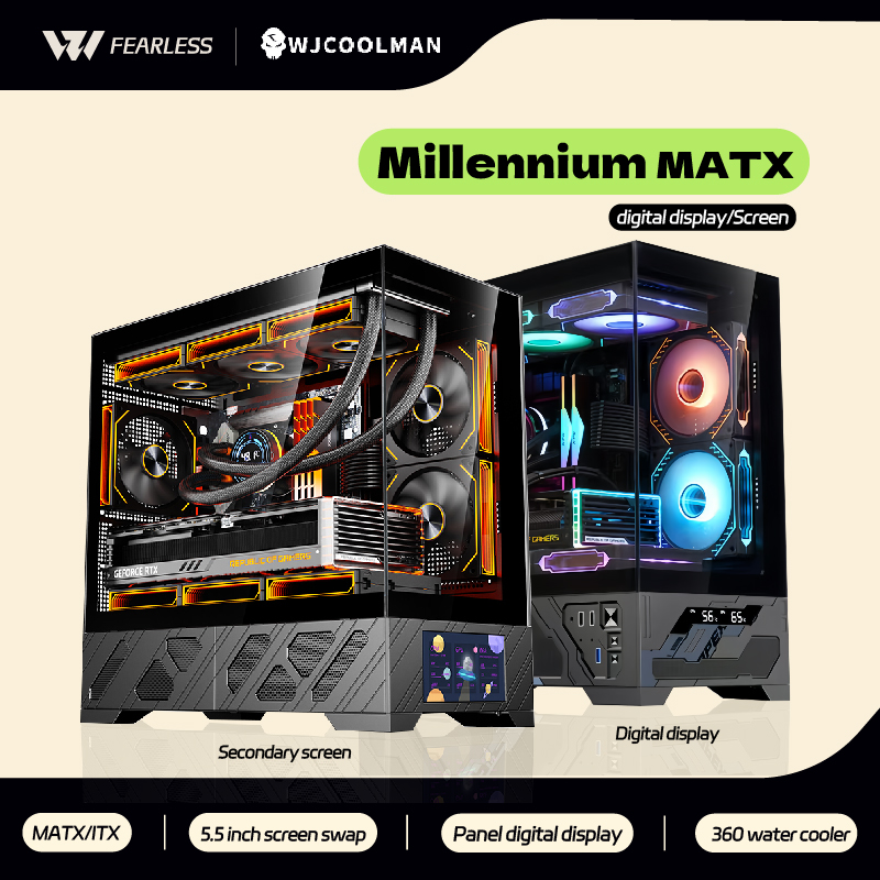 WJCOOLMAN ミレニアム MATX PC ケース 5.5 インチスクリーン/デジタルディスプレイ 360 ウォータークーラーシービュールームカスタマイズ画面コンピュータケース