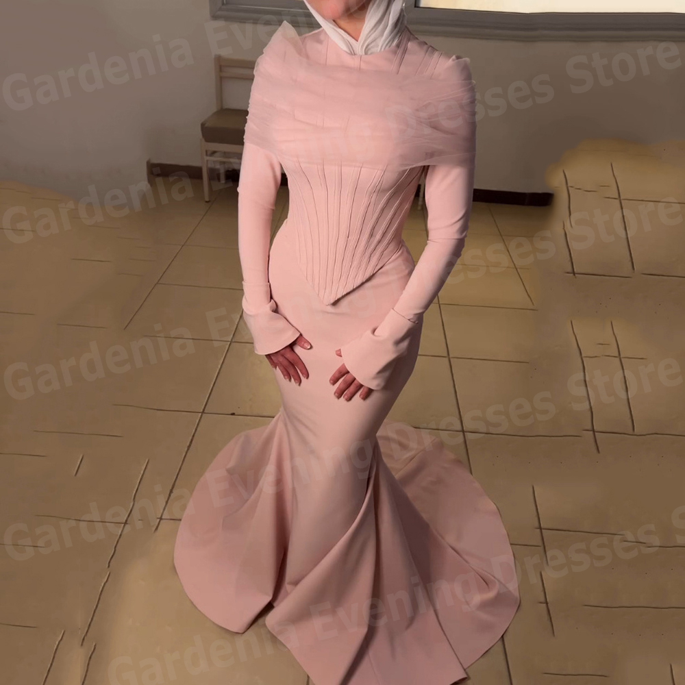 アラビアのエレガントな人魚の女性のイブニングドレス長袖フォーマルパーティーウエディングドレスカスタマイズされたプリーツ Vestido デ Gala Noche Mujer