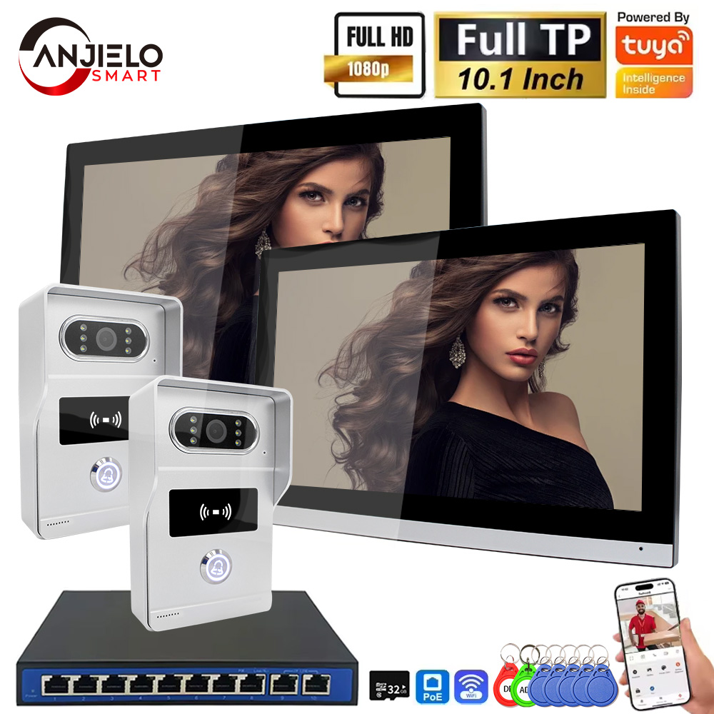 ANJIELO 1080P Tuya 10 インチ IP ビデオインターホンシステムタッチスクリーン Wifi POE 有線ドアベルヴィラフラット RFID アクセス制御