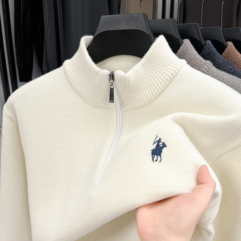 高級品質の男性長袖ニットモックネックハーフジップ厚みの馬の刺繍春の新プルオーバーファッションカジュアル紳士服