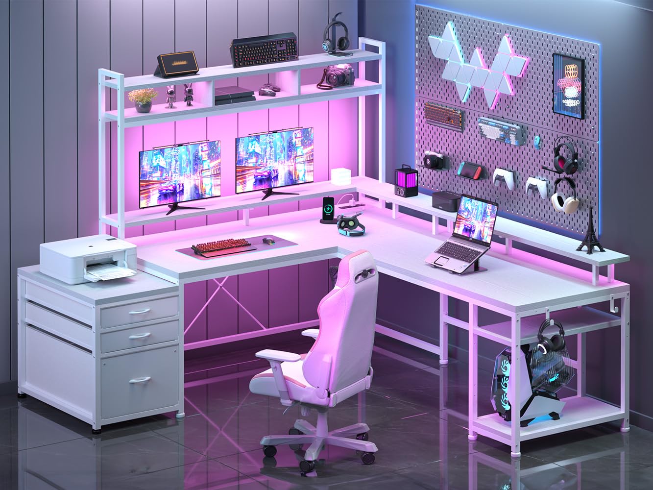 64 x 60 インチの棚と引き出し付き L 字型デスク、電源コンセント付きゲームデスク