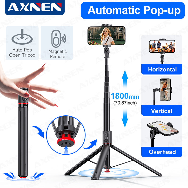 AXNEN 70.87 インチ自撮り棒三脚、タッチダウン自動ポップアップホルダー、Bluetooth 磁気リモコン、Huawei Xiaomi iPhone 用