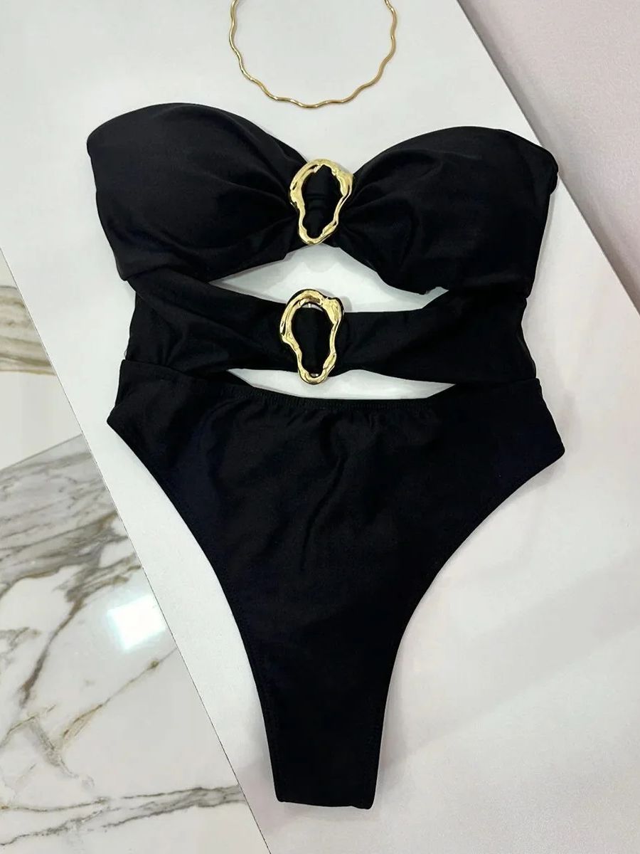 3 色のセクシーなメタルリングカットアウト女性水着ワンピース水着女性バンドゥハイレグカット入浴者水着水泳 B022D