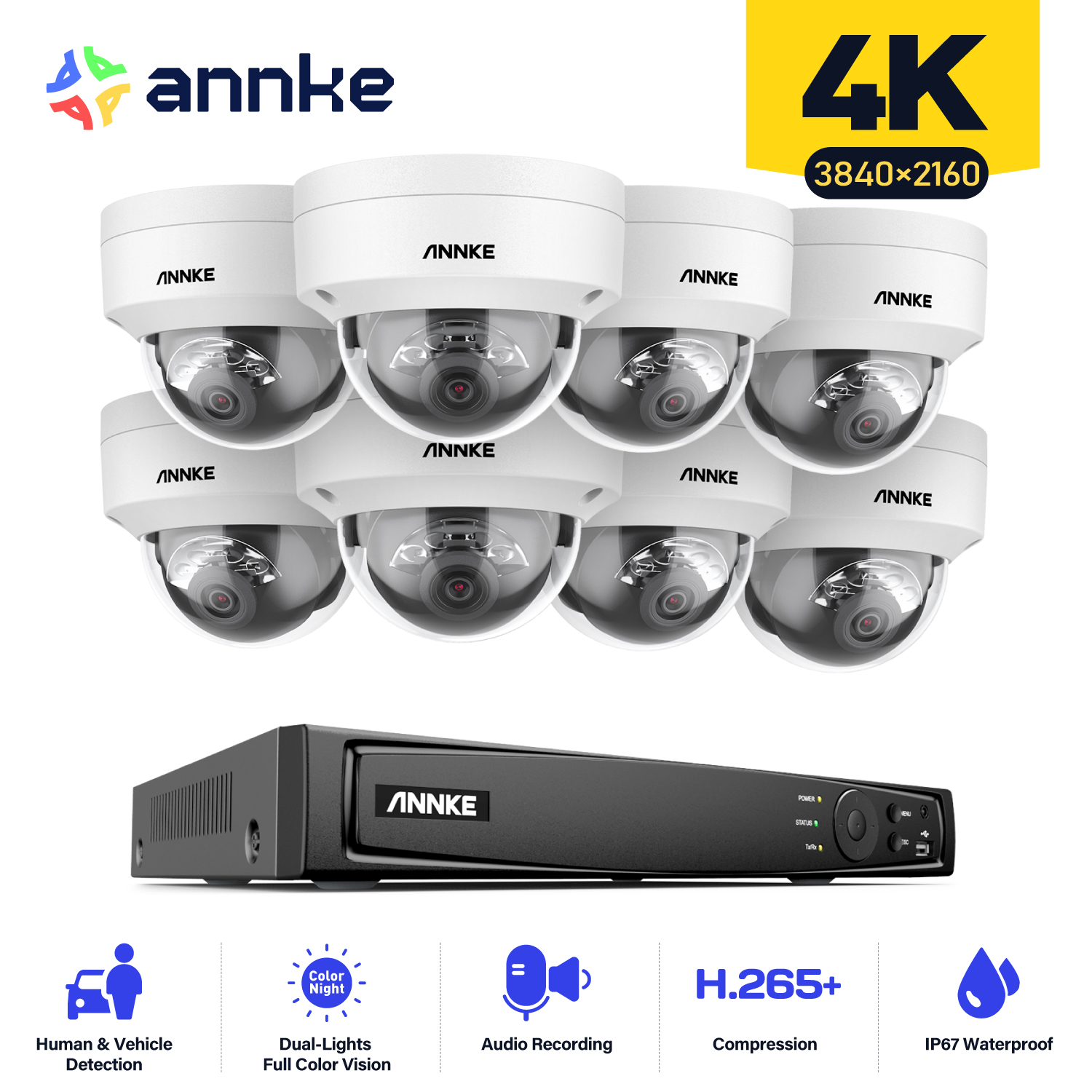 ANNKE 8CH 4K IP カメラセキュリティシステム 265 8MP Poe カメラ双方向オーディオビデオ監視 CCTV 4MM レンズサポート 256G カード IP67