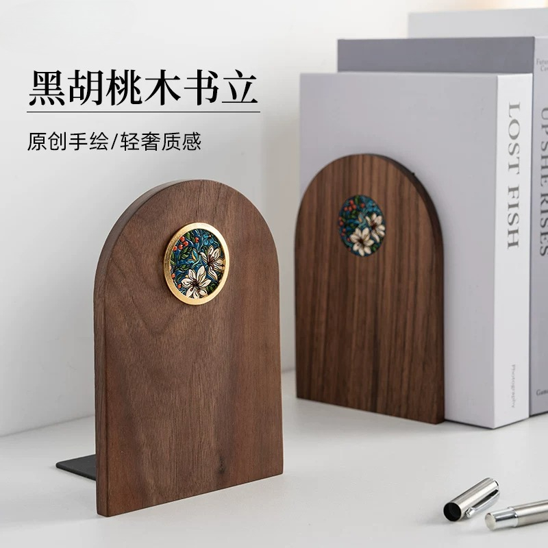 ✨手描きの花柄ベリーブックエンド、ヴィンテージソリッドブラックウォルナットウッドブックストッパー、高級デスクトップ装飾。