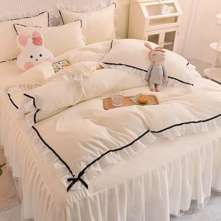 韓国プリンセススタイルベッド4点セットリボンレースベッドスカートシート妖精キルトカバー寮