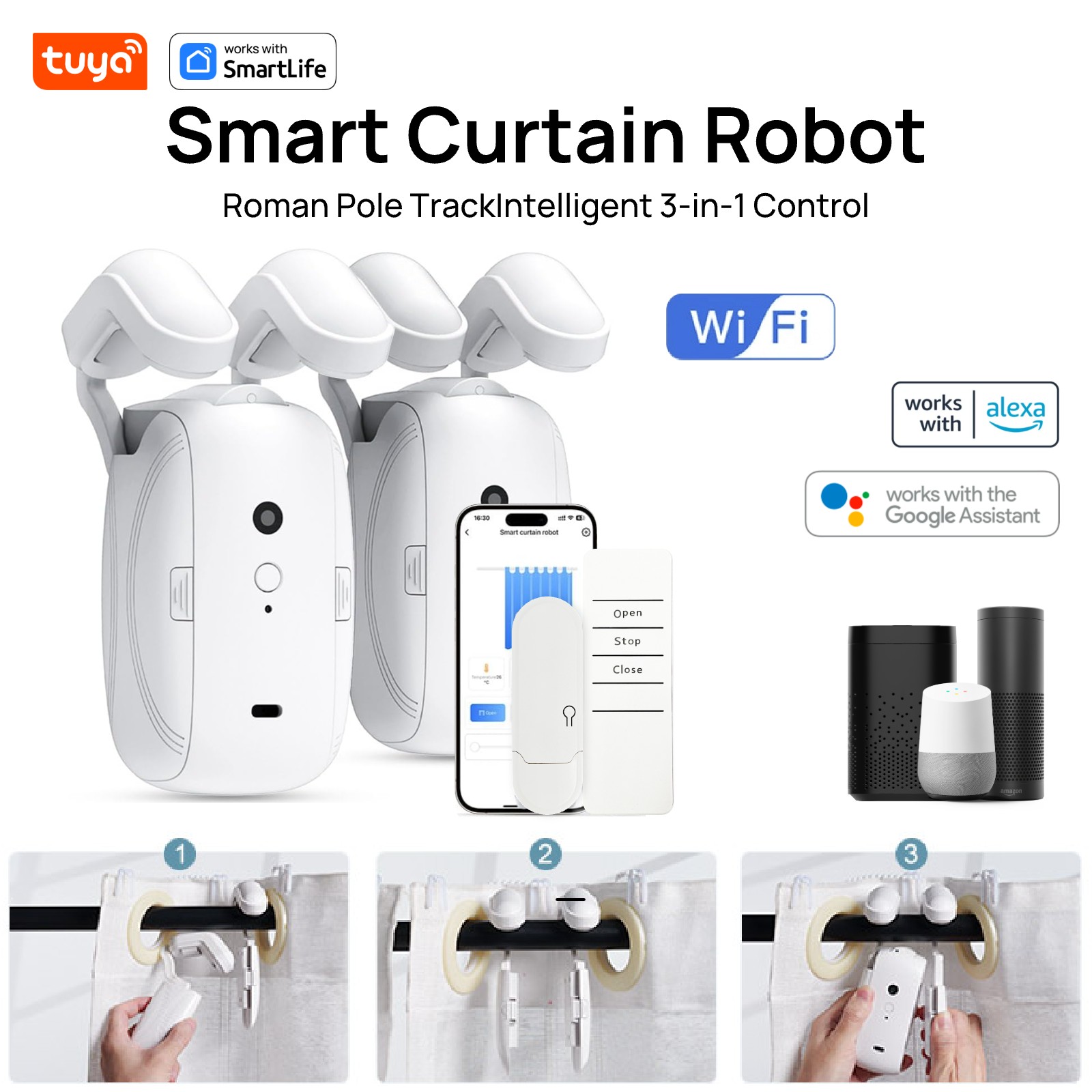 Tuya スマート Wi-Fi カーテン コントローラー 1/2 個 インストール不要 アプリ制御 タイマーと光センサー付き 互換性あり W/ローマンロッド