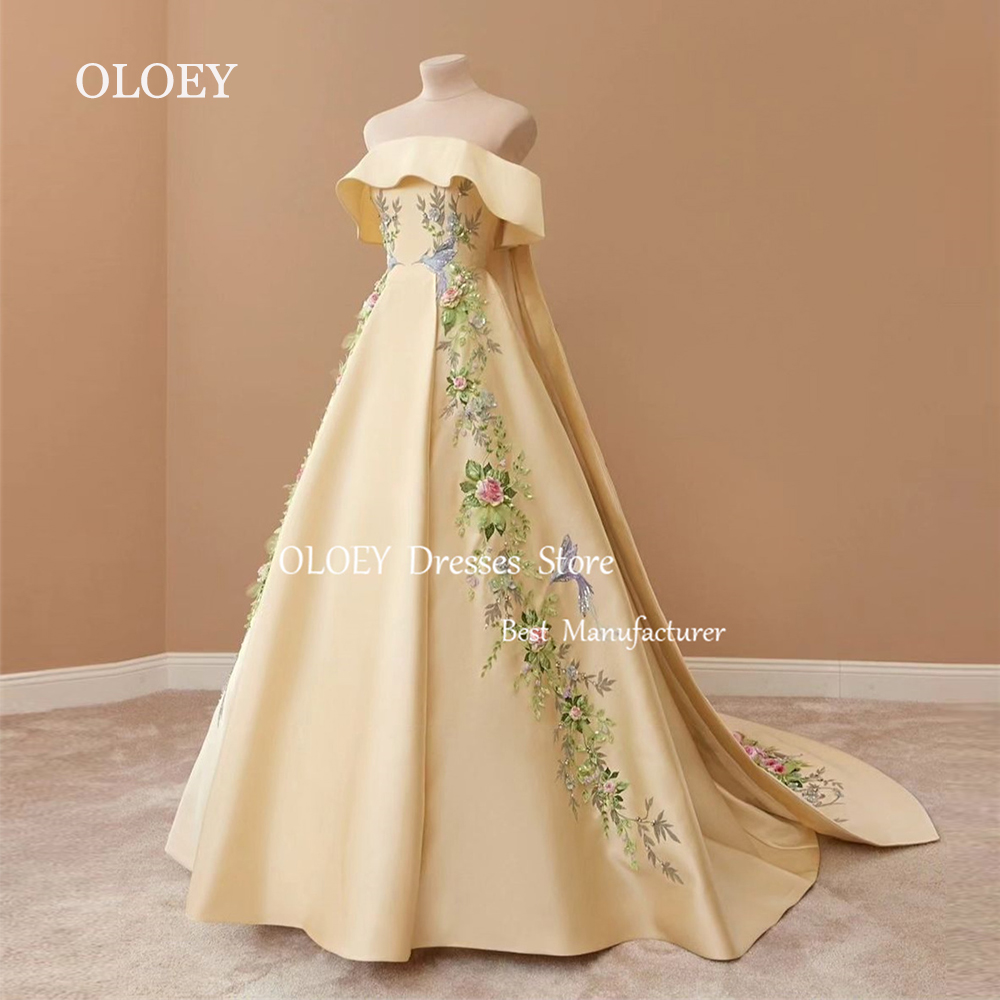 OLOEY 控えめなイエロー A ラインイブニングドレスプリーツサテンオフショルダーウェディングパーティードレスカスタムメイドアラビア女性ウエディングドレス