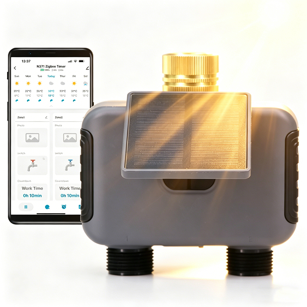 Tuay スマートソーラー 2 ゾーン散水タイマー Type-C 充電 2000mAh バッテリーレインセンサーリモコン庭の蛇口バルブ Controlle
